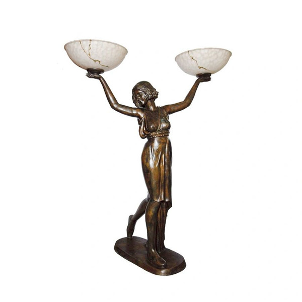 Majestic Maiden Art Deco Lighted Statue holding two shades Awakening
